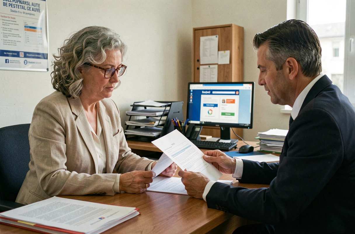 Une femme accompagnée d'un agent administratif consulte des documents pour la création d'un compte ANTS