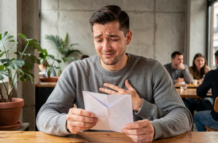 Homme ému tenant un mot d'admiration sincère sorti d'une cocotte en papier