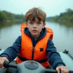 Jeune adolescent concentré portant un gilet de sauvetage orange à bord d'un bateau lors d'un examen de BSR sur une rivière calme