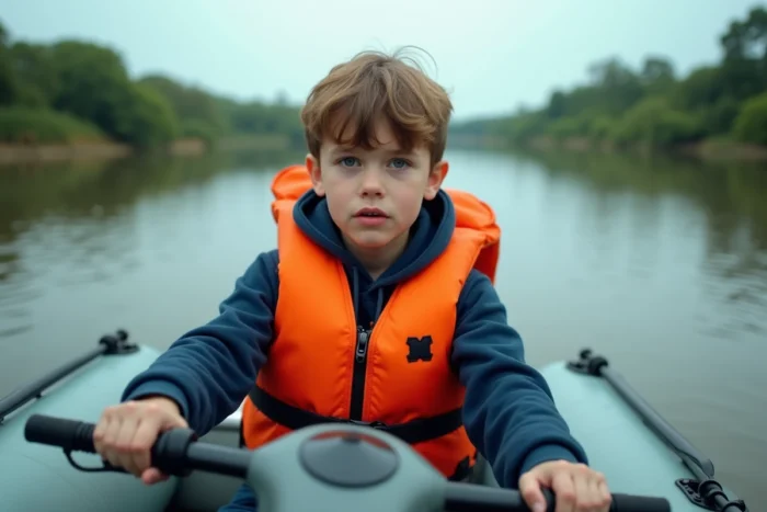 Jeune adolescent concentré portant un gilet de sauvetage orange à bord d'un bateau lors d'un examen de BSR sur une rivière calme