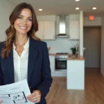 Agent immobilière tenant un plan d'appartement T2 ou F2 dans un appartement deux pièces avec parquet clair et cuisine ouverte