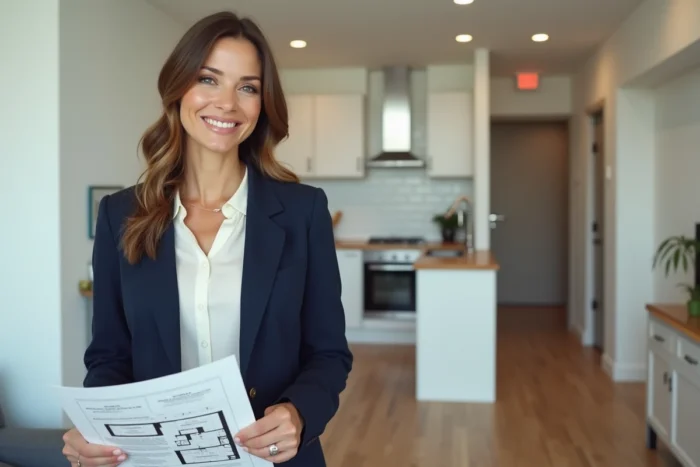 Agent immobilière tenant un plan d'appartement T2 ou F2 dans un appartement deux pièces avec parquet clair et cuisine ouverte