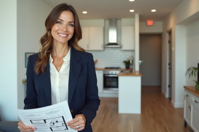 Agent immobilière tenant un plan d'appartement T2 ou F2 dans un appartement deux pièces avec parquet clair et cuisine ouverte