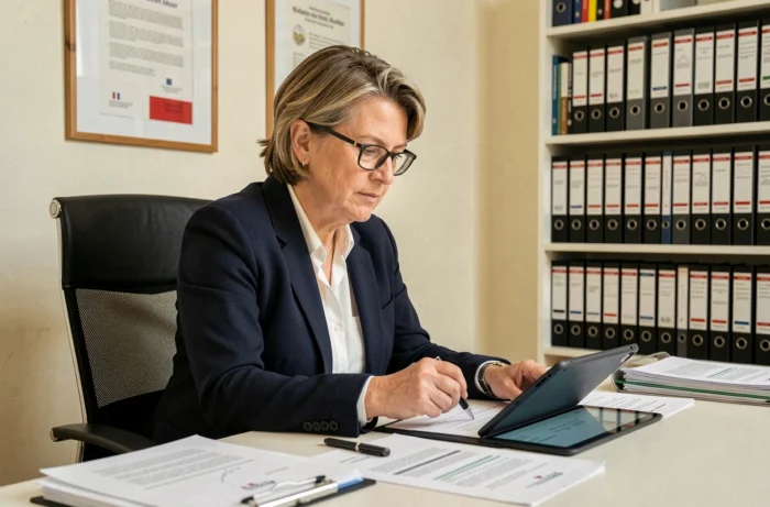 Agente administrative de l'Académie de Toulouse consultant des documents officiels dans le cadre de la convergence des personnels