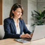 Agente immobilière néo agence travaillant sur des annonces immobilières numériques dans un bureau moderne et minimaliste