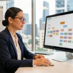Agente immobilière analysant un sitemap de site web immobilier sur son écran d'ordinateur dans une agence moderne