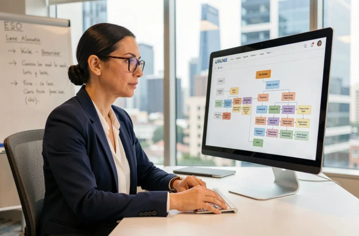 Agente immobilière analysant un sitemap de site web immobilier sur son écran d'ordinateur dans une agence moderne