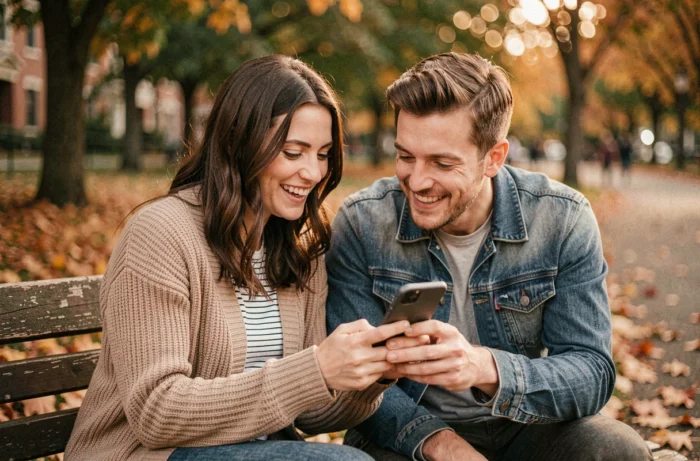 Deux amis regardant ensemble une application de rencontre sur un banc de parc en automne, explorant des astuces pour discuter gratuitement sur Meetic