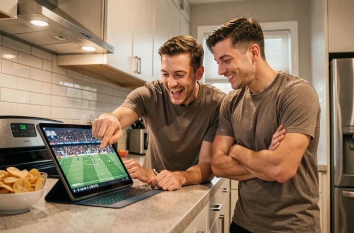 Deux amis regardant un match de football en direct gratuitement sur une tablette dans une cuisine