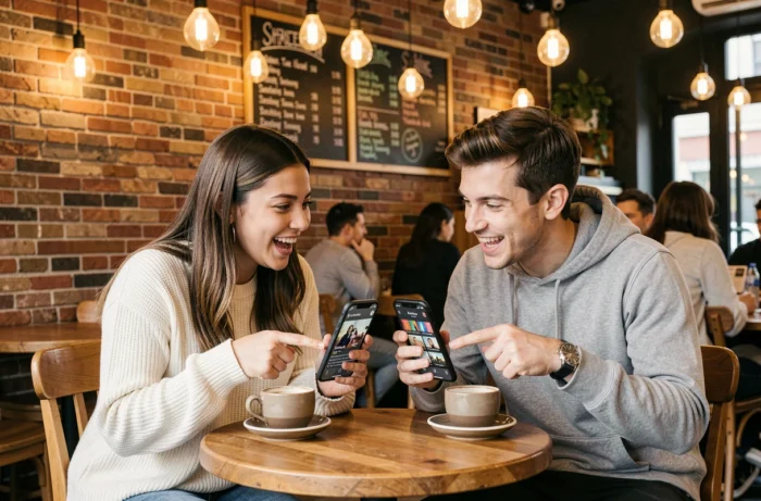 Deux amis partageant leurs recommandations de séries streaming dans un café urbain