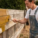 Artisan appliquant une lasure polyuréthane Parkside sur une clôture en bois dans un jardin