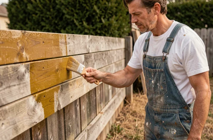 Artisan appliquant une lasure polyuréthane Parkside sur une clôture en bois dans un jardin