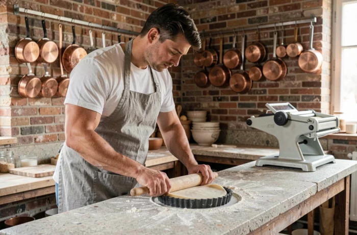 Apprenti pâtissier fonçant un moule à tarte cannelé dans un atelier de pâtisserie artisanale en brique