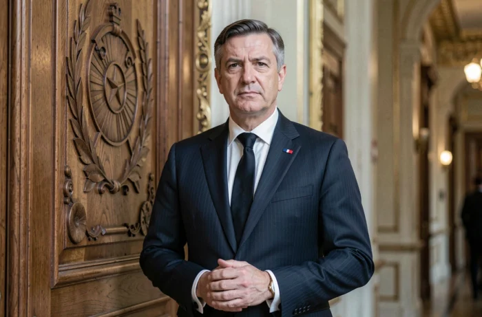 Homme politique français en costume sombre devant une porte institutionnelle ornée, symbolisant les pouvoirs exceptionnels de l'article 16 de la Constitution