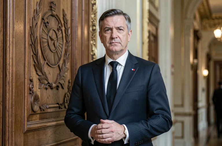 Homme politique français en costume sombre devant une porte institutionnelle ornée, symbolisant les pouvoirs exceptionnels de l'article 16 de la Constitution