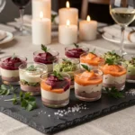 Assortiment de verrines salées colorées et appétissantes disposées sur une ardoise pour un apéritif élégant