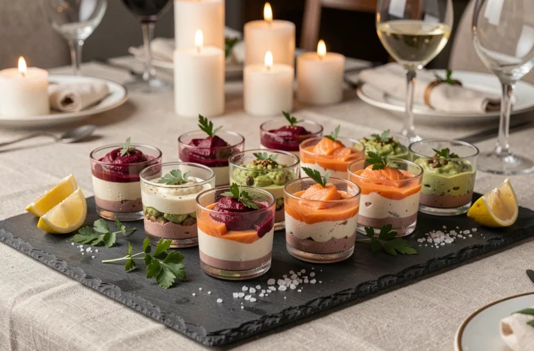 Assortiment de verrines salées colorées et appétissantes disposées sur une ardoise pour un apéritif élégant