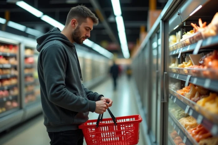 Jeune homme regardant intensément les rayons d'un supermarché avec une expression affamée et déterminée, illustrant avoir les crocs