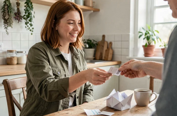 Femme remettant un bon pour une action concrète écrit dans une cocotte en papier à son ami