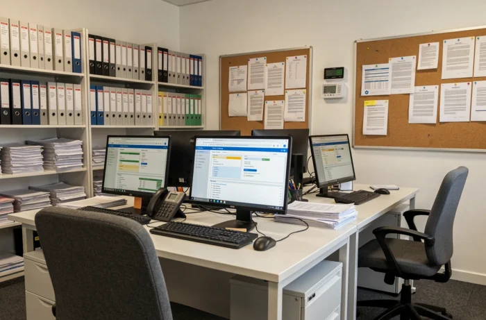 Bureau organisé d'une association tutélaire avec des postes informatiques affichant un logiciel de gestion administrative des dossiers de protection juridique