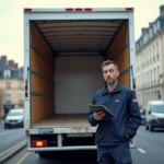 Camion 10 m3 garé en ville avec portes arrière ouvertes montrant le volume de chargement
