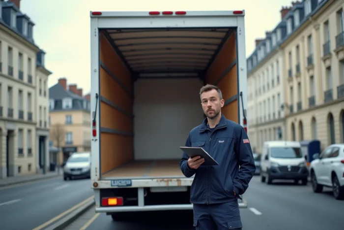 Camion 10 m3 garé en ville avec portes arrière ouvertes montrant le volume de chargement