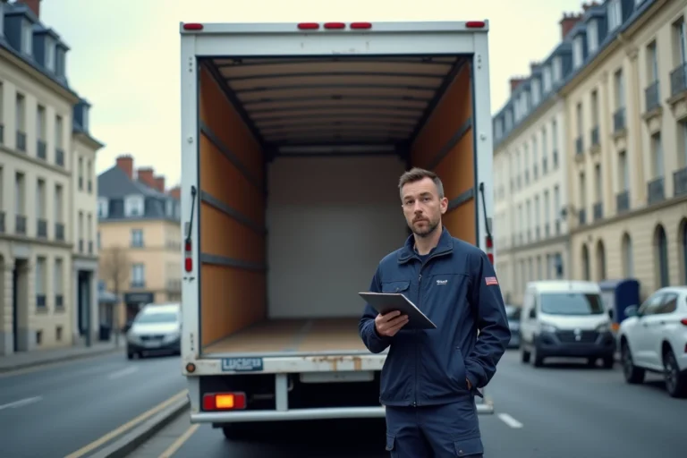 Camion 10 m3 garé en ville avec portes arrière ouvertes montrant le volume de chargement