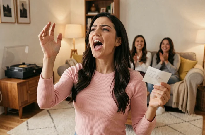 Femme chantant a cappella une chanson imposée par une cocotte en papier devant ses amis