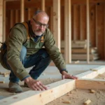 Charpentier examinant la différence entre une solive et une lambourde sur un chantier de construction intérieure
