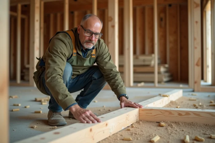 Charpentier examinant la différence entre une solive et une lambourde sur un chantier de construction intérieure