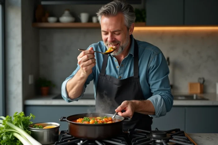 Chef amateur goûtant une soupe de légumes maison dans une cuisine contemporaine avec cocotte en fonte