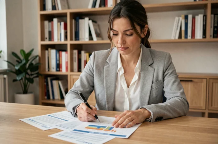 Femme consultant des documents d'assurance immobilière sur un bureau en bois dans un bureau à domicile moderne