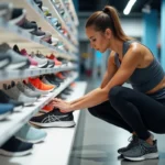 Une femme examine attentivement une chaussure de running dans un magasin de sport, comparant les modèles disponibles sur les étagères