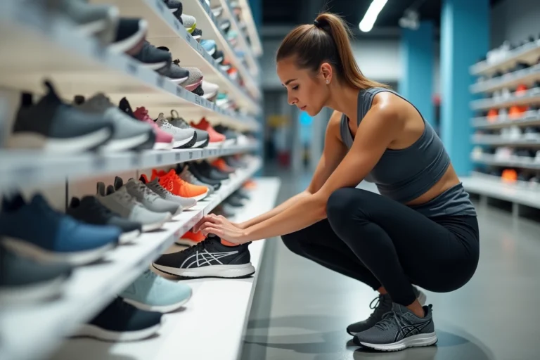 Une femme examine attentivement une chaussure de running dans un magasin de sport, comparant les modèles disponibles sur les étagères