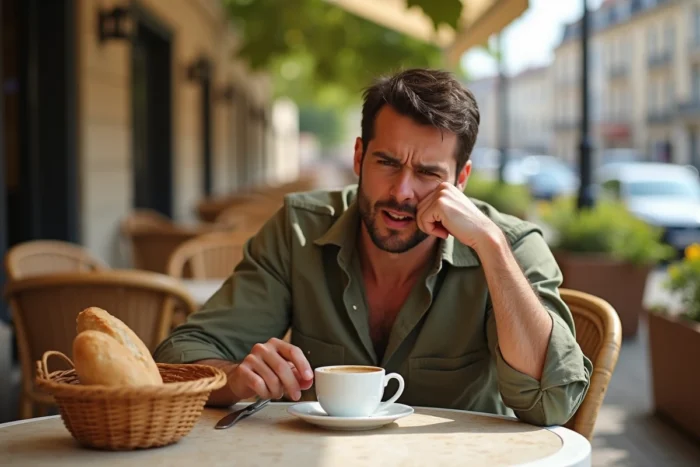 Homme impatient sur une terrasse de café avec un panier à pain vide et une tasse vide, illustrant claquer du bec