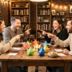 Groupe d'adultes autour d'une table jouant avec des cocottes en papier colorées remplies de messages amusants