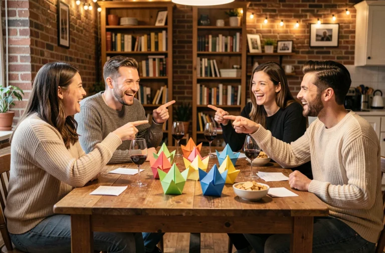 Groupe d'adultes autour d'une table jouant avec des cocottes en papier colorées remplies de messages amusants