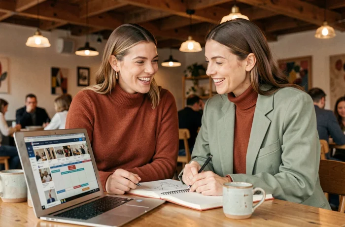 Deux professionnelles du marketing collaborant sur une stratégie de contenu pour une galerie d'art en ligne dans un café créatif