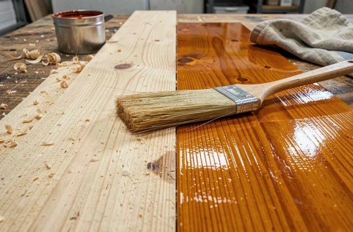 Comparaison entre bois brut et bois traité avec la lasure polyuréthane Parkside sur un établi