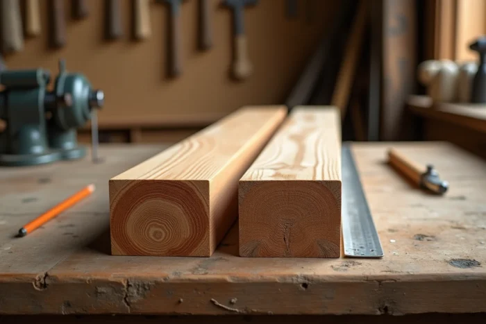 Comparaison côte à côte d'une solive et d'une lambourde en bois sur un établi de menuisier