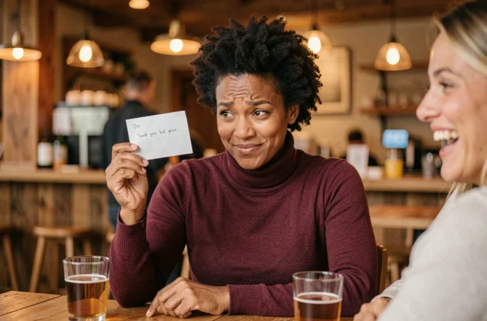 Femme lisant un compliment déguisé en reproche avec un sourire malicieux, cocotte en papier sur la table
