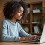 Femme connectée à son compte Métis Afpa sur un ordinateur portable dans un bureau à domicile