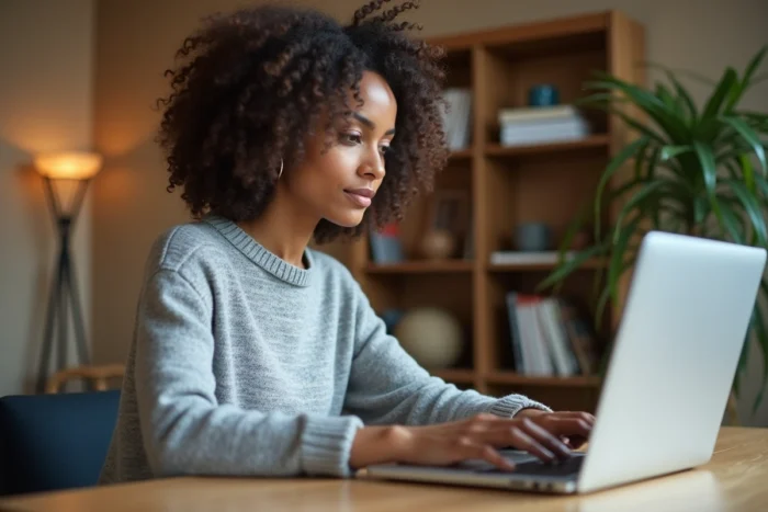 Femme connectée à son compte Métis Afpa sur un ordinateur portable dans un bureau à domicile