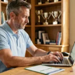 Golfeur connecté à son espace membre FFGolf sur un ordinateur portable dans un bureau à domicile