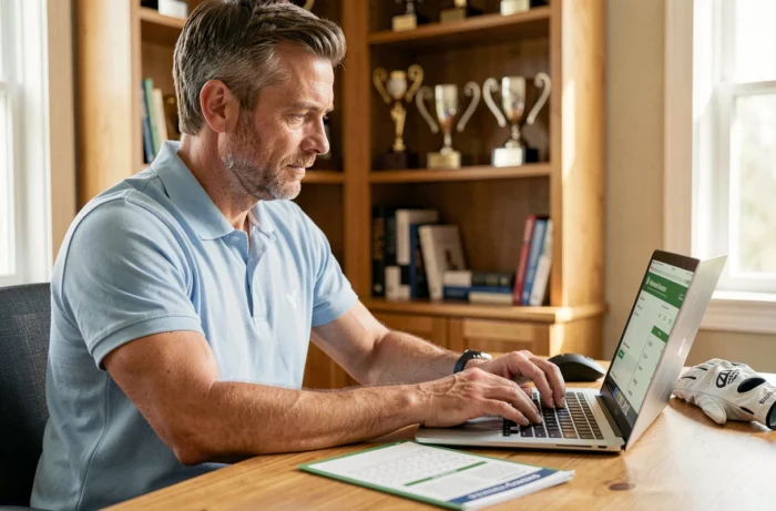 Golfeur connecté à son espace membre FFGolf sur un ordinateur portable dans un bureau à domicile