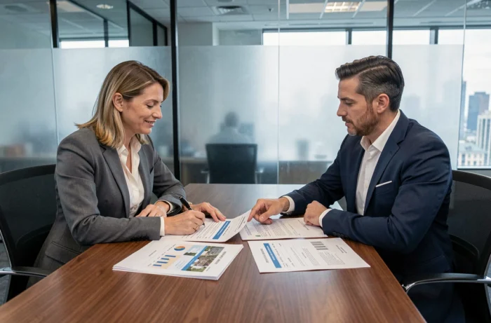 Couple discutant d'un investissement immobilier avec un conseiller financier autour de documents hypothécaires
