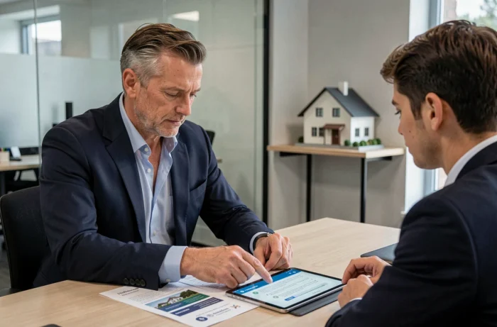 Conseiller en assurance présentant des offres d'assurance immobilière à un client dans une agence professionnelle