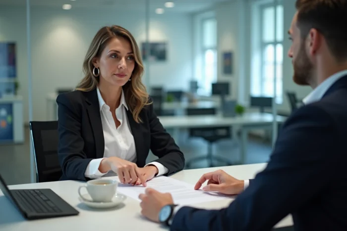 Conseillère bancaire expliquant les changements du chèque différé à un client