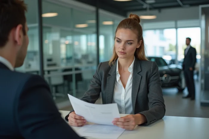 Conseillère de vente Mercedes discutant d'un contrat avec un client dans un bureau de concession automobile