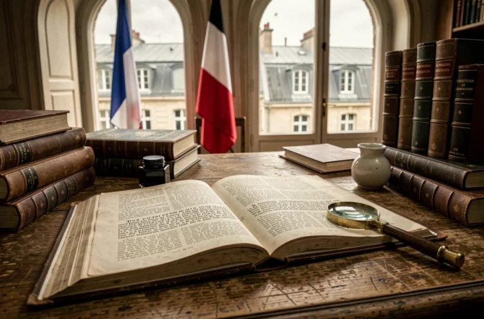 Constitution française ouverte sur un bureau en chêne avec une loupe, illustrant l'analyse juridique de l'article 16 sur les pouvoirs exceptionnels